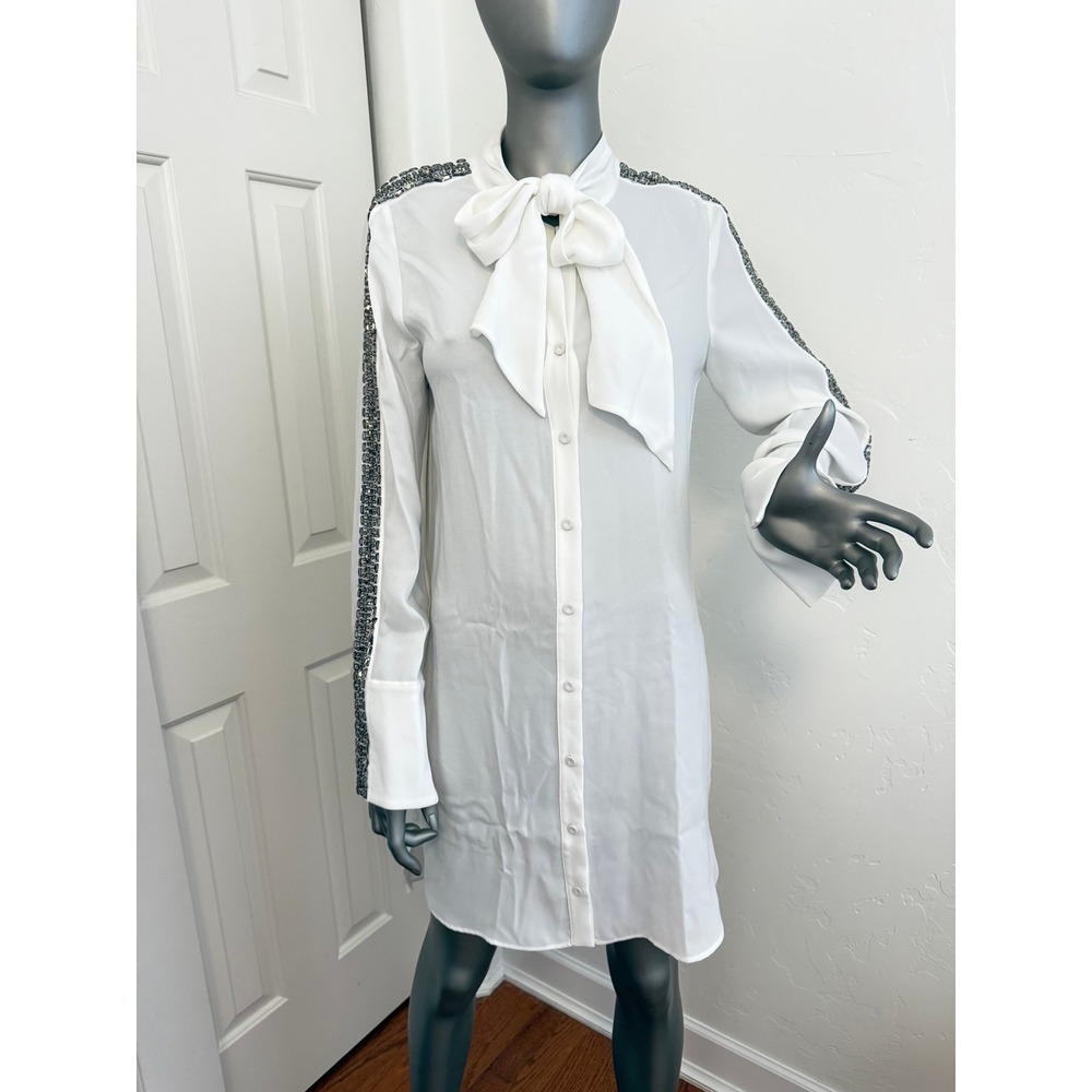 BCBG MAXAZRIA Dress White Bow Tie Sequin Detail Mini Shirt Dress NWT XS